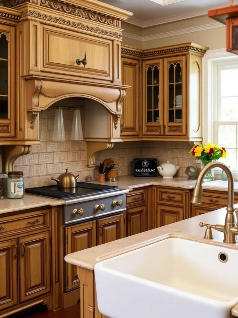 A classic, antique-style kitchen with ornate cabinetry, vintage fixtures, and a farmhouse sink, highlighting Renaissance Kitchens' expertise in traditional designs.