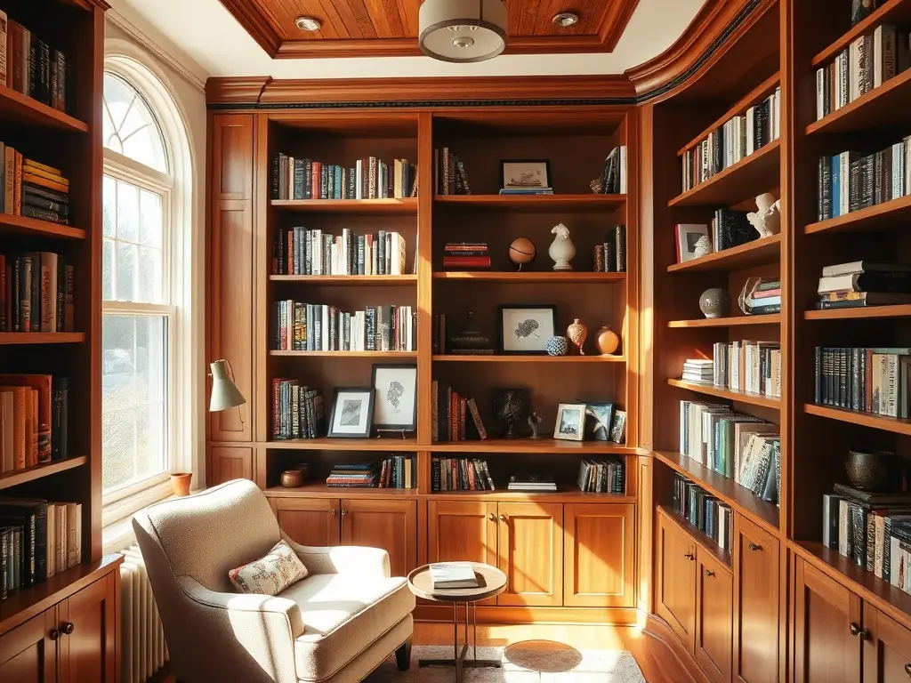 A cozy and sophisticated home library featuring custom bookshelves, comfortable seating, and warm lighting, designed for reading and relaxation.
