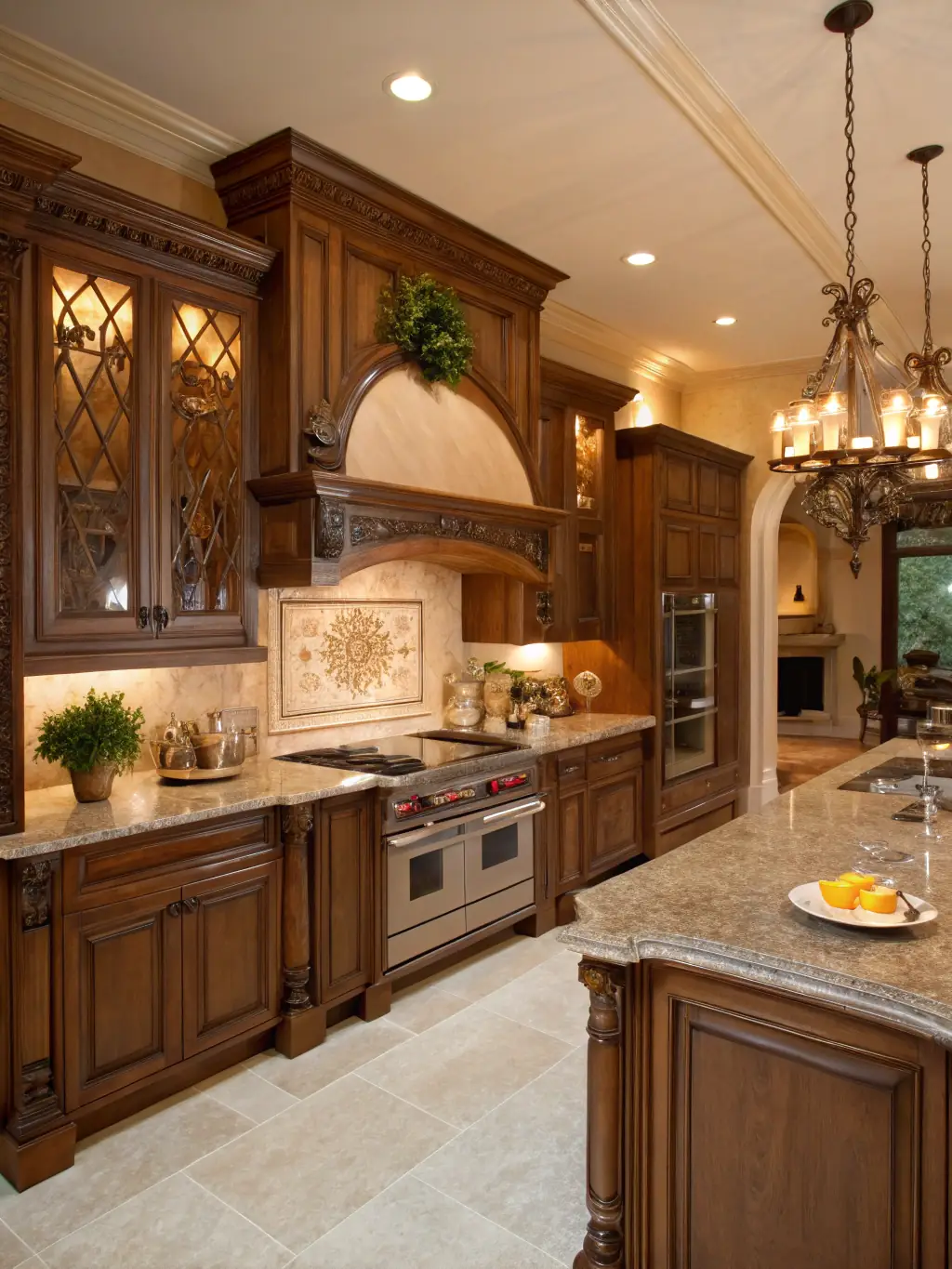 An antique-style kitchen featuring ornate wooden cabinetry, vintage fixtures, and a classic color palette, evoking a sense of timeless elegance and charm.