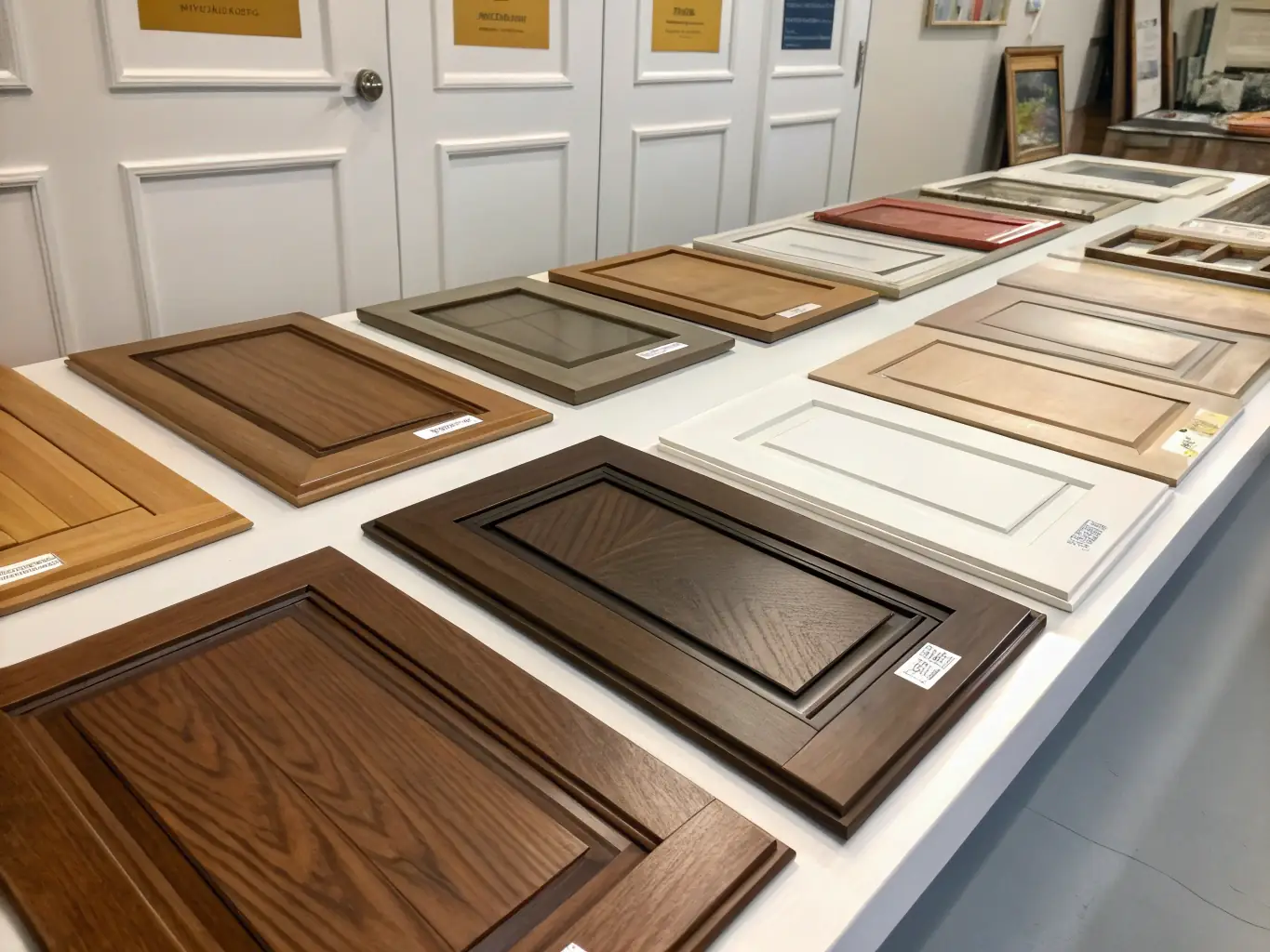 A selection of high-quality cabinetry and countertop samples, representing the wide range of materials and finishes available at RenaissanceKitchens.