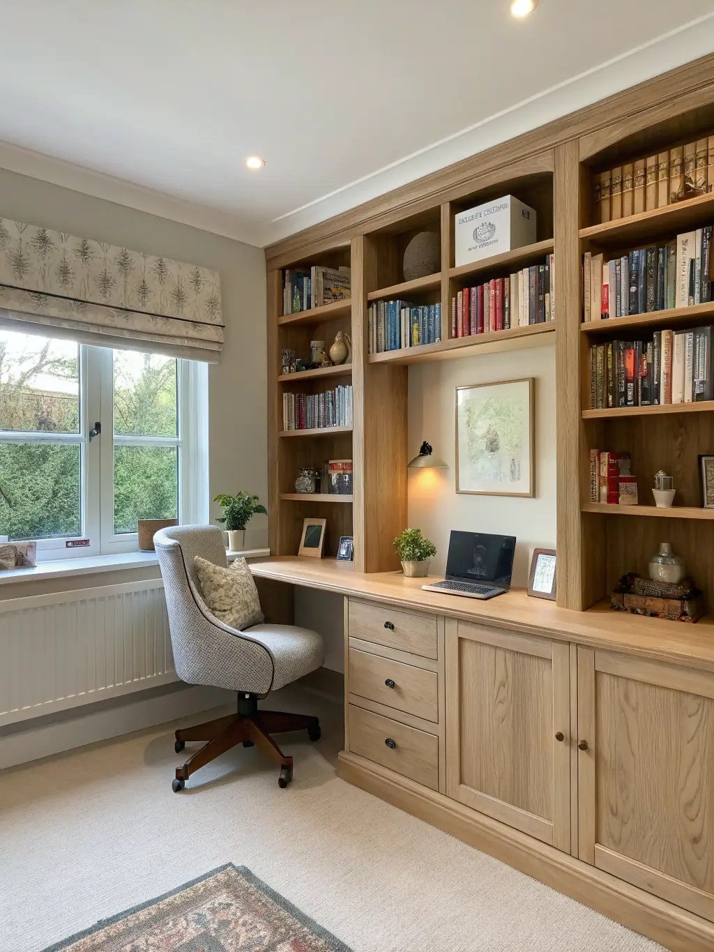 A well-organized and stylish home office featuring custom-built shelving, a spacious desk, and comfortable seating, showcasing Renaissance Kitchens' expertise in creating functional workspaces.