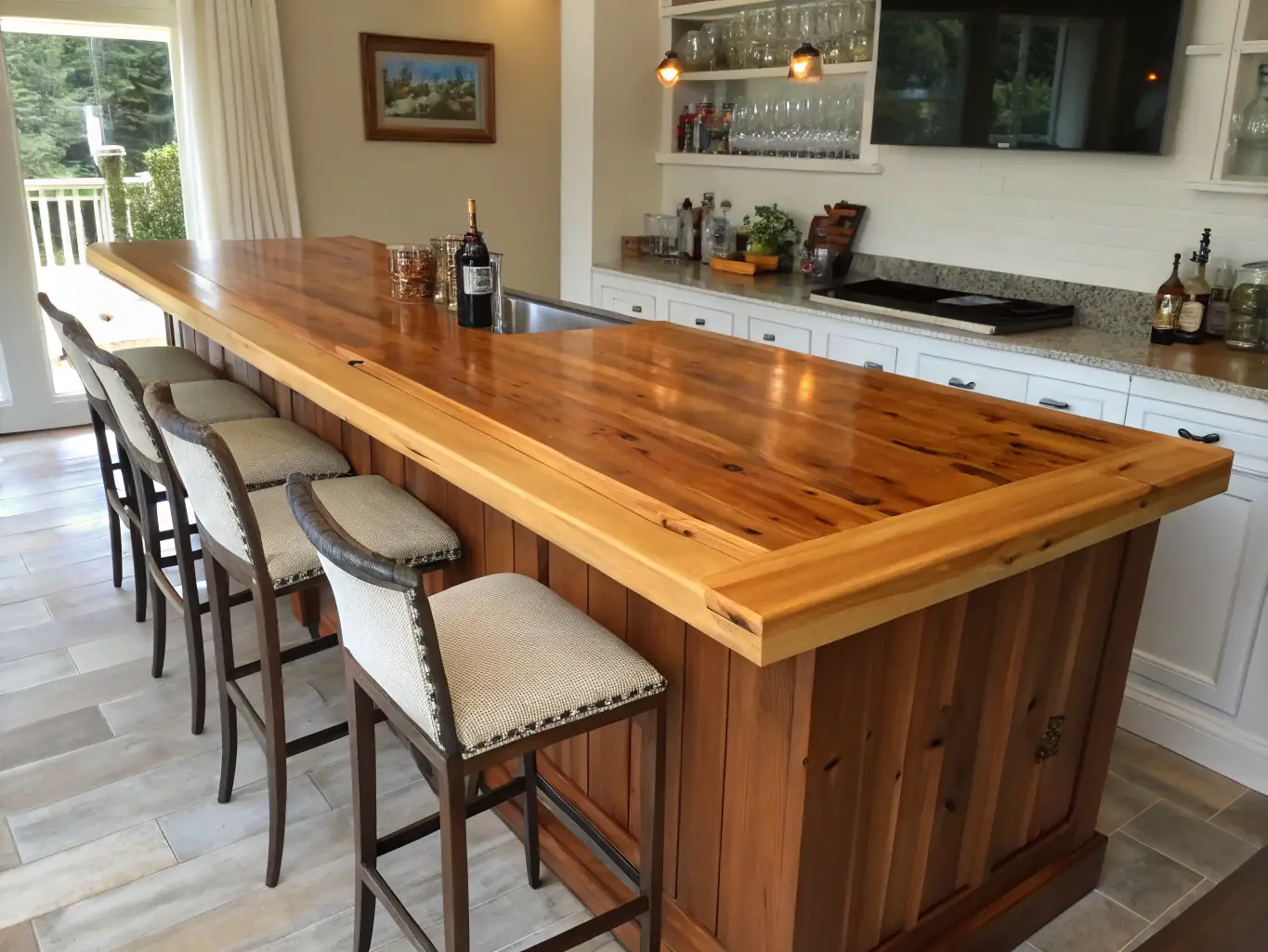 A stylish home bar with custom cabinetry, granite countertops, and ambient lighting, perfect for entertaining guests and enjoying evenings at home.