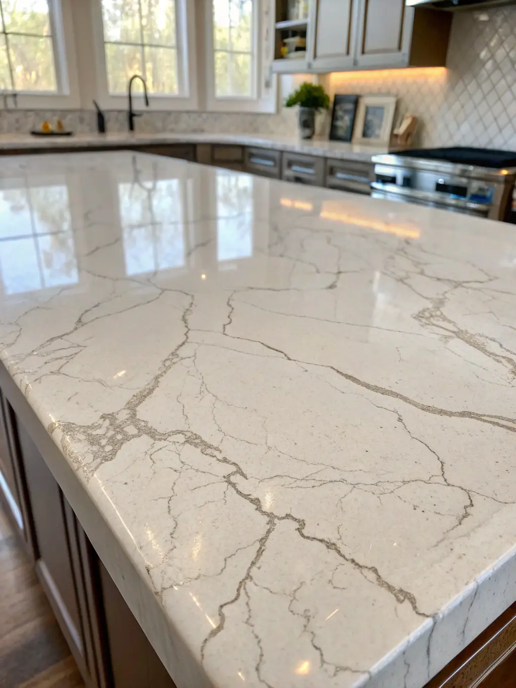 A close-up shot of a showroom display featuring a variety of high-quality countertop materials, including granite, marble, and quartz, showcasing the premium material selection offered by Renaissance Kitchens.