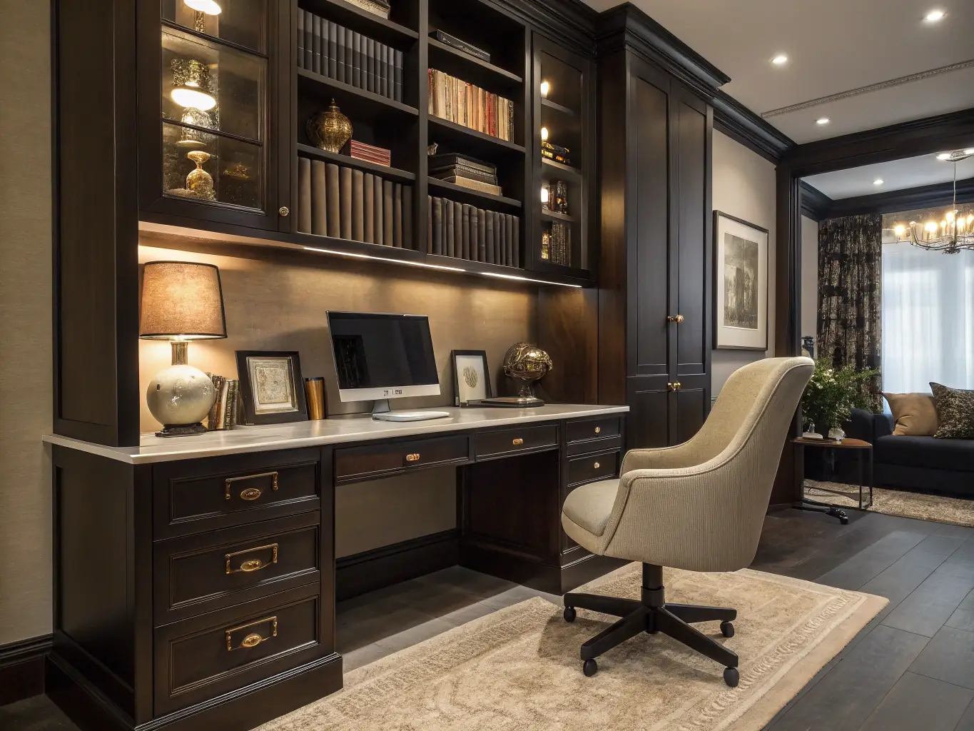 A luxurious home office featuring custom-built wooden desks, bookshelves, and elegant lighting, designed for productivity and sophistication.